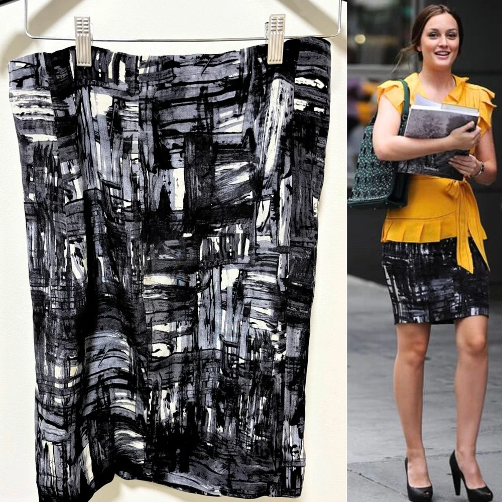 ASO Blair Waldorf in Gossip Girl Vince Abstract Brushstroke Pencil Skirt